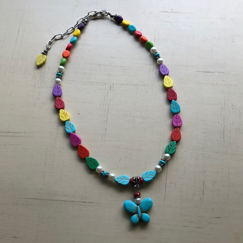 Butterfly Pendant Necklace Multicolored Leaf Beads